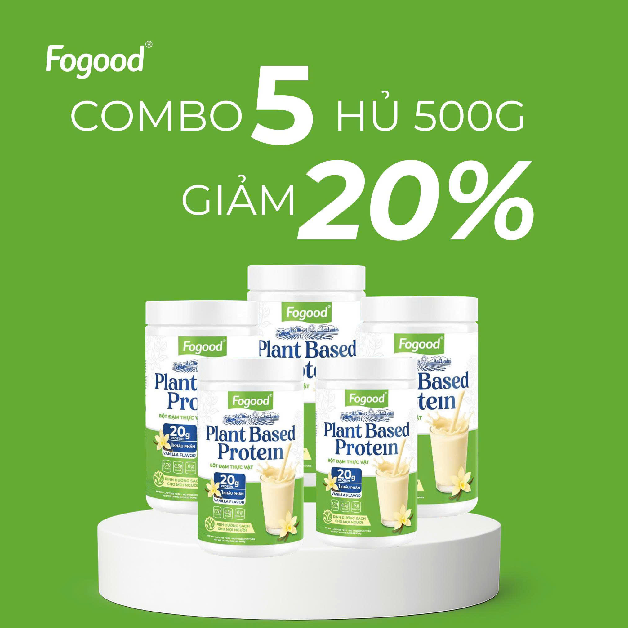 Combo 5 hộp đạm thực vật Fogood khối lượng 500g/1 hộp |Giải pháp bữa ăn lành mạnh với 20g đạm sạch/1 khẩu phần ăn.